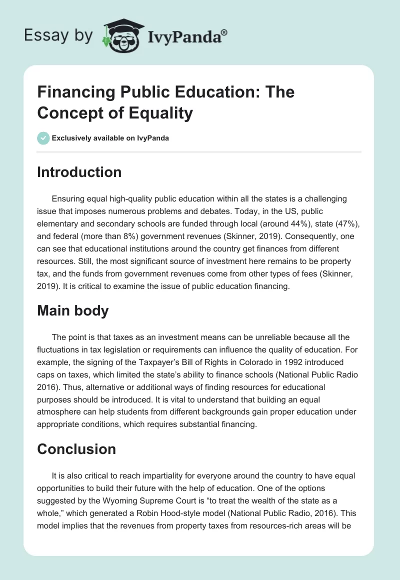 Financing Public Education: The Concept of Equality. Page 1