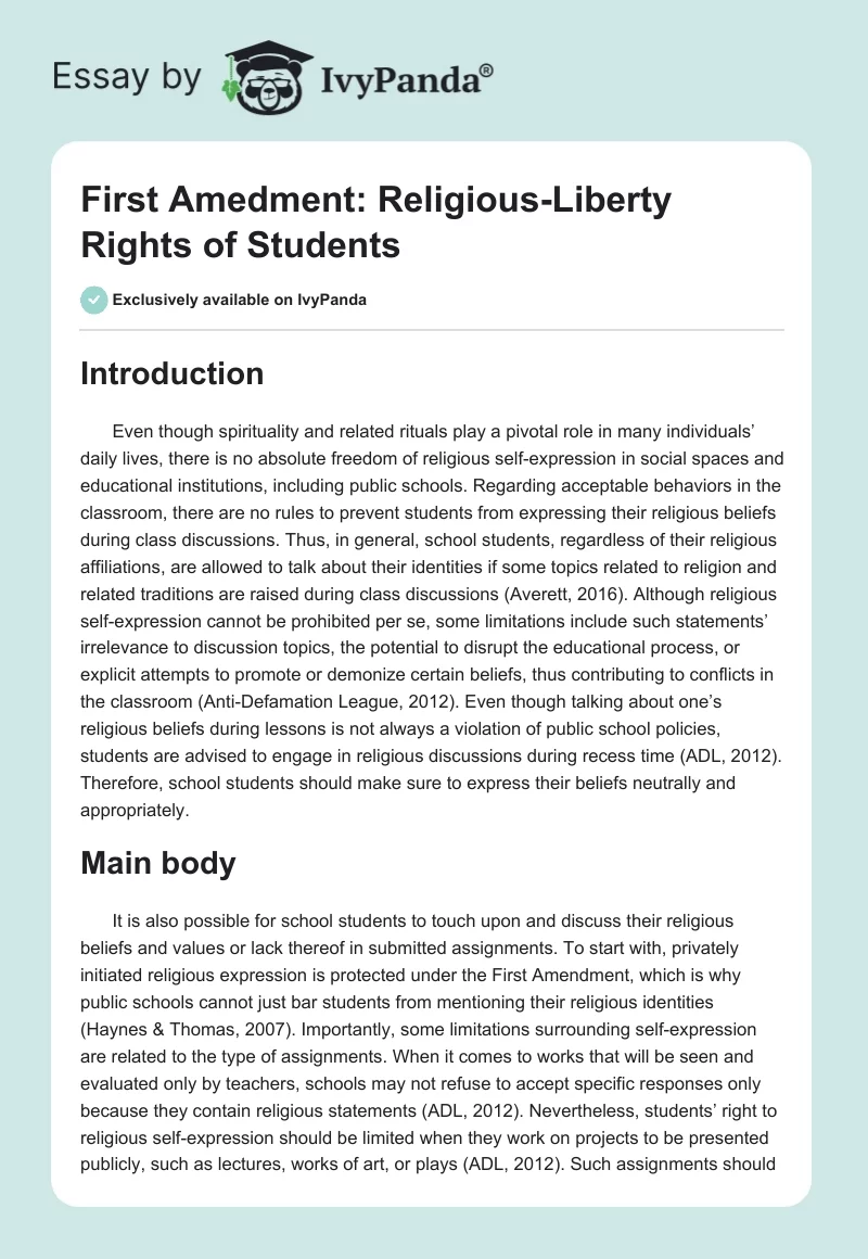 First Amedment: Religious-Liberty Rights of Students. Page 1