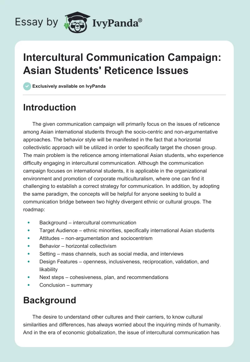 Intercultural Communication Campaign: Asian Students' Reticence Issues. Page 1
