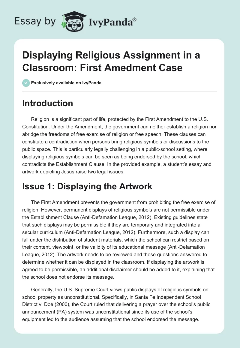 Displaying Religious Assignment in a Classroom: First Amedment Case. Page 1