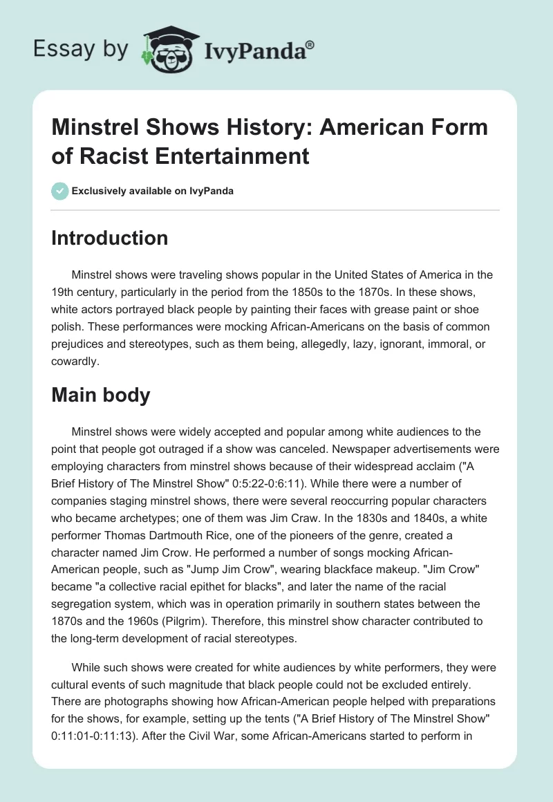 Minstrel Shows History: American Form of Racist Entertainment. Page 1