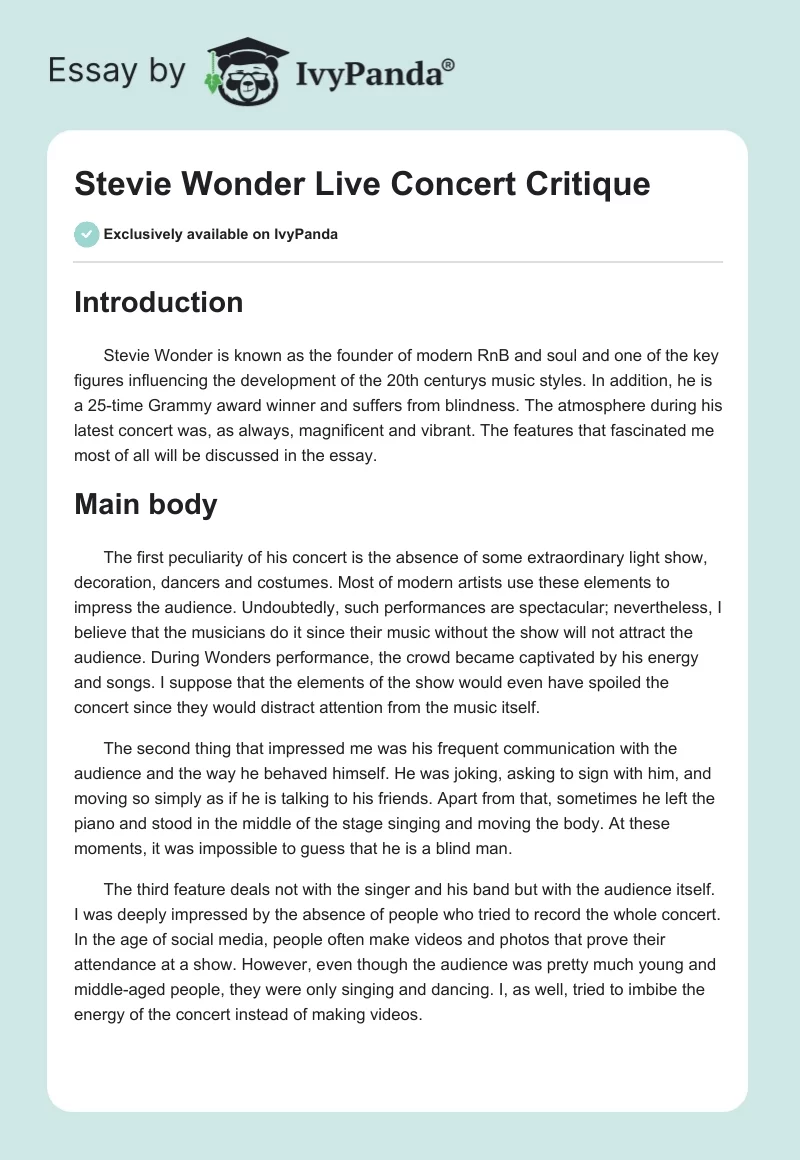 Stevie Wonder Live Concert Critique. Page 1