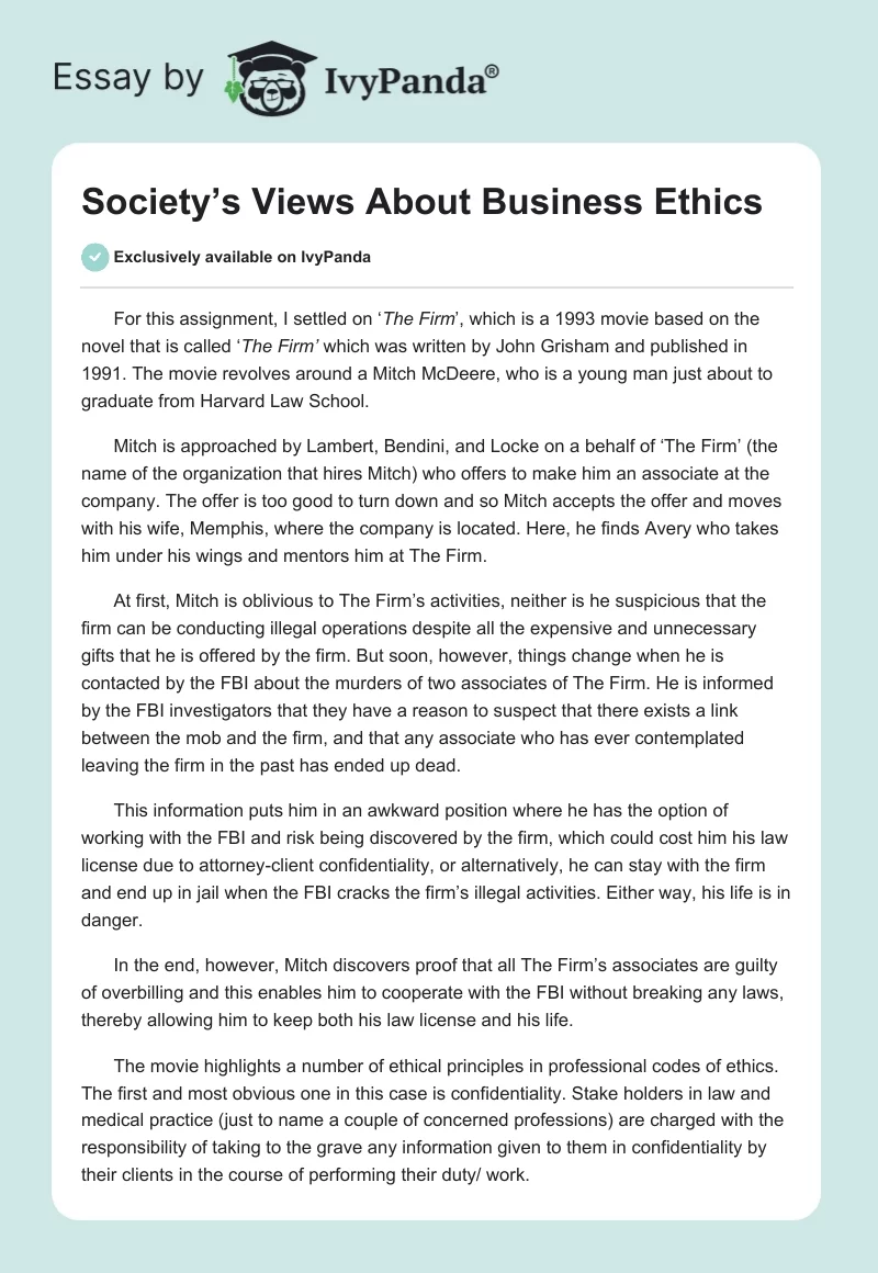 Society’s Views About Business Ethics. Page 1