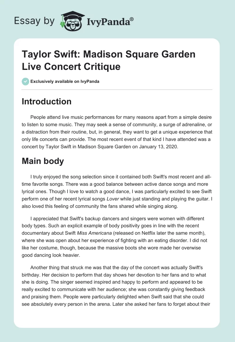 Taylor Swift: Madison Square Garden Live Concert Critique. Page 1