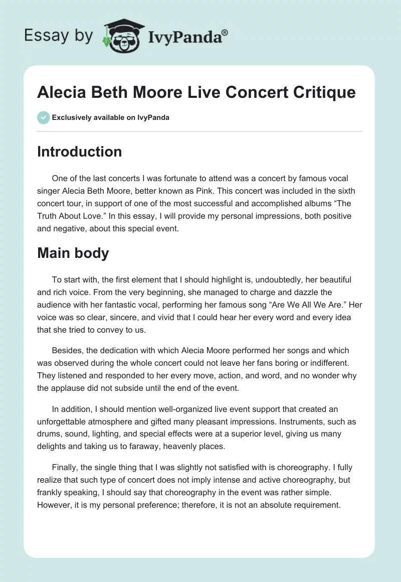 Alecia Beth Moore Live Concert Critique. Page 1