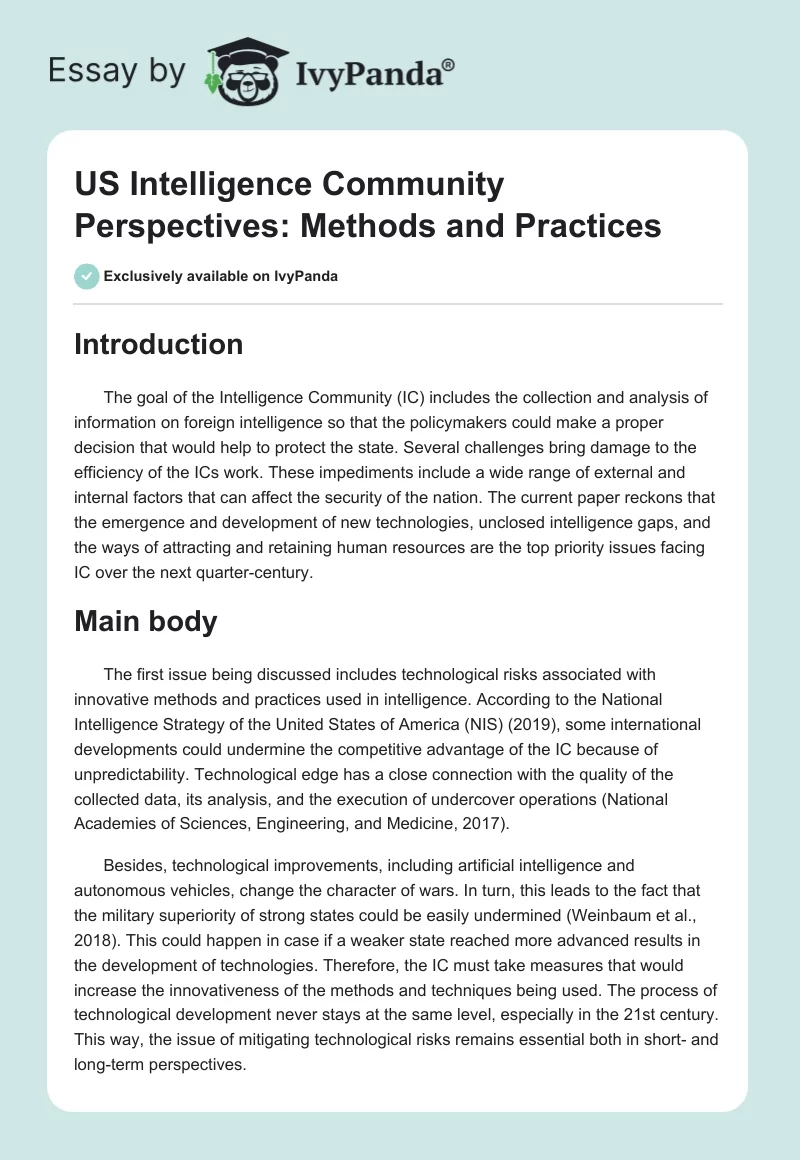 US Intelligence Community Perspectives: Methods and Practices. Page 1