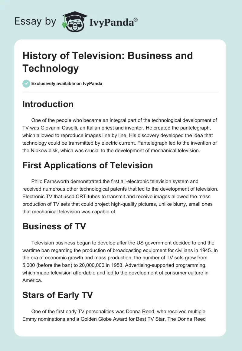 History of Television: Business and Technology. Page 1