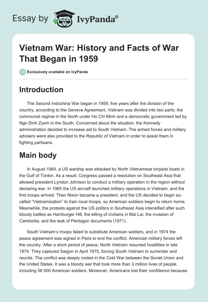 Vietnam War: History and Facts of War That Began in 1959. Page 1