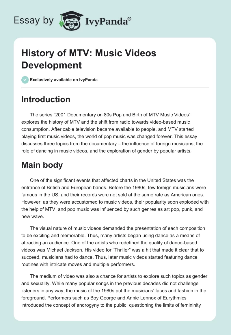History of MTV: Music Videos Development. Page 1