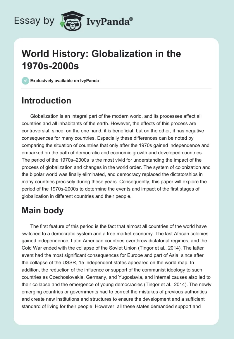 World History: Globalization in the 1970s-2000s. Page 1