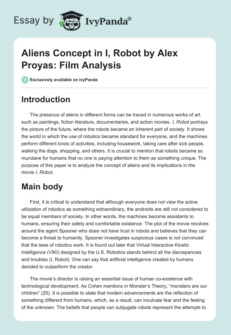 Aliens Concept in "I, Robot" by Alex Proyas: Film Analysis. Page 1