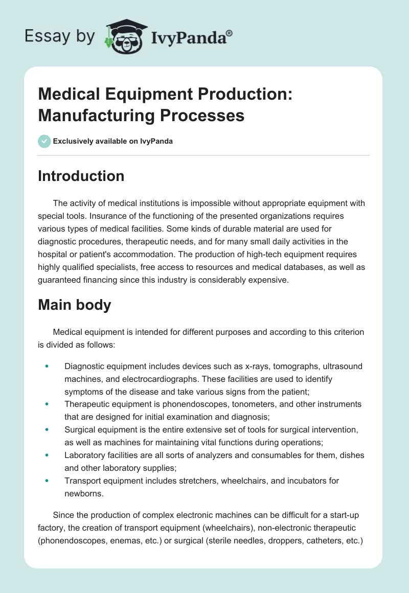 Medical Equipment Production: Manufacturing Processes. Page 1