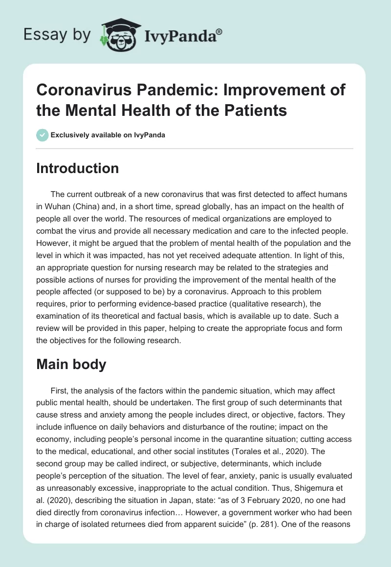 Coronavirus Pandemic: Improvement of the Mental Health of the Patients. Page 1