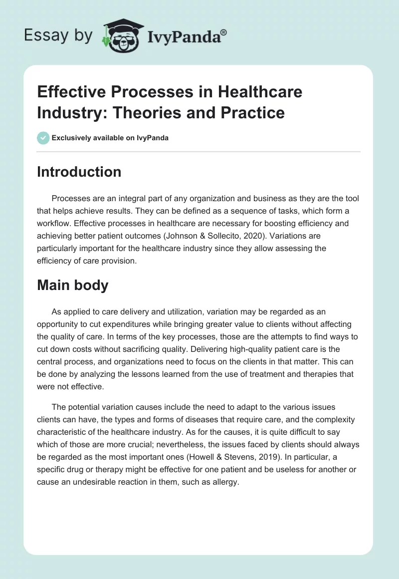Effective Processes in Healthcare Industry: Theories and Practice. Page 1
