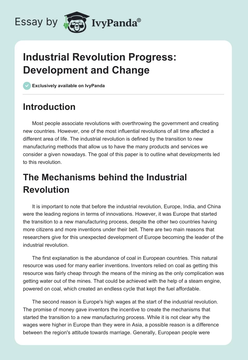 Industrial Revolution Progress: Development and Change. Page 1