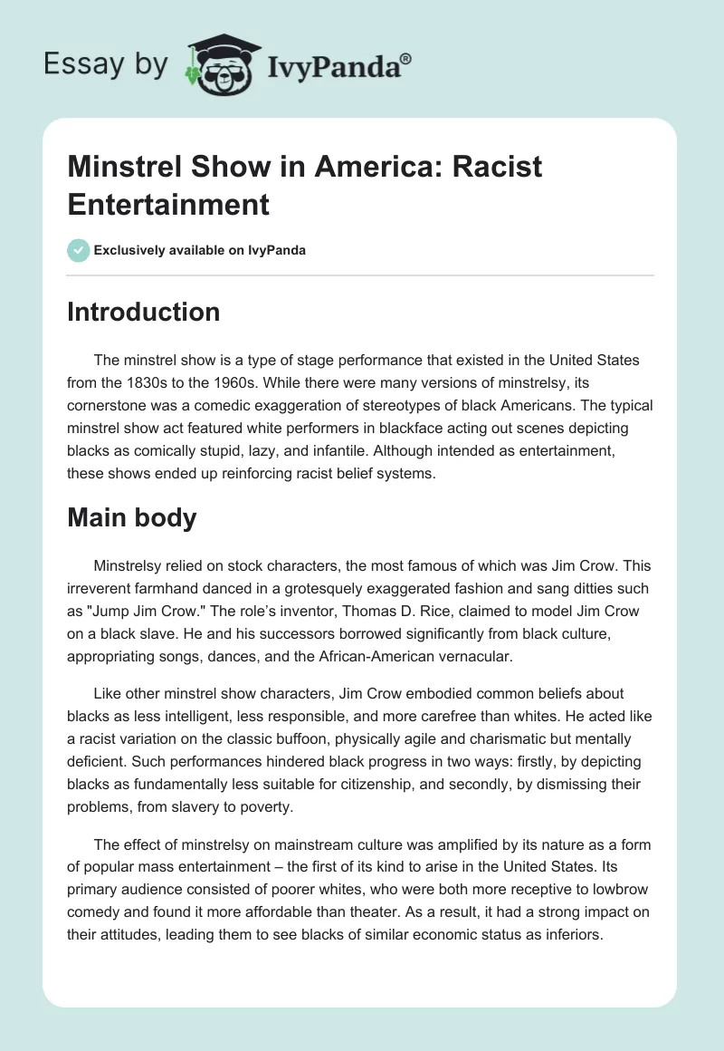 Minstrel Show in America: Racist Entertainment. Page 1