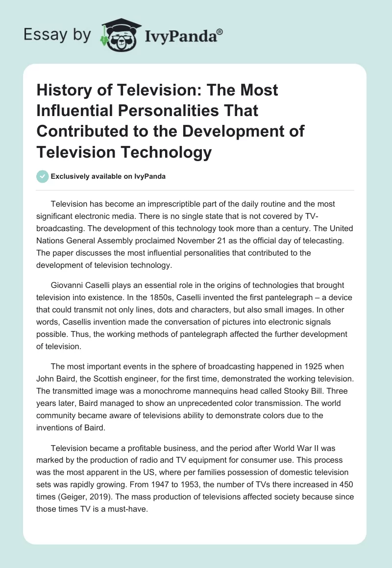History of Television: The Most Influential Personalities That Contributed to the Development of Television Technology. Page 1