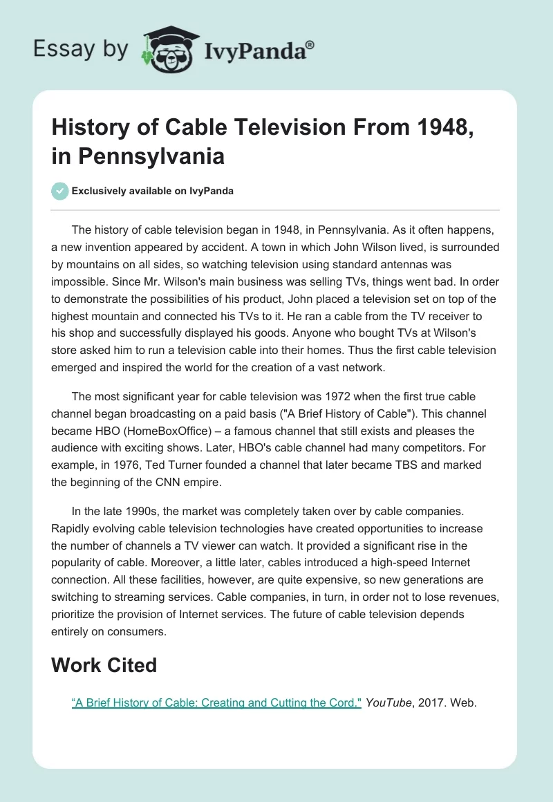 History of Cable Television From 1948, in Pennsylvania. Page 1