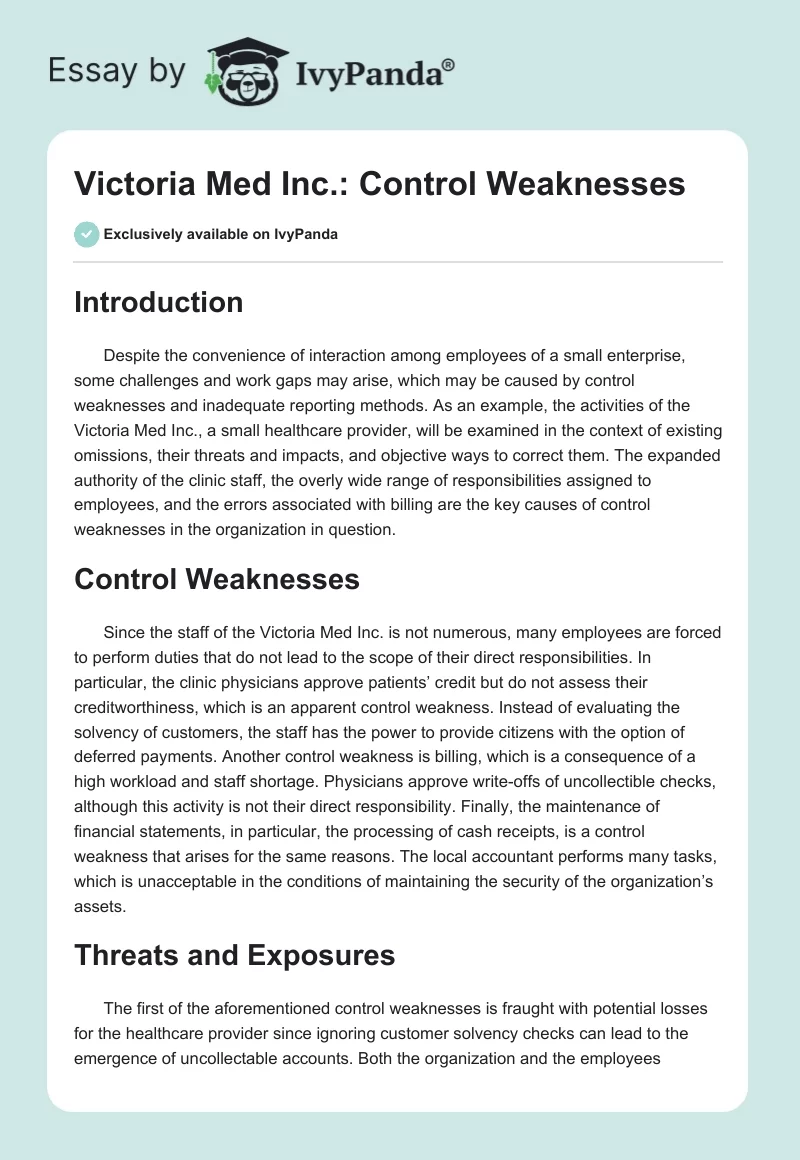 Victoria Med Inc.: Control Weaknesses. Page 1
