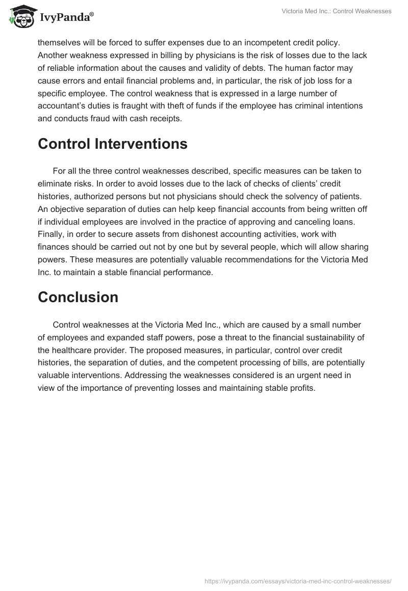 Victoria Med Inc.: Control Weaknesses. Page 2