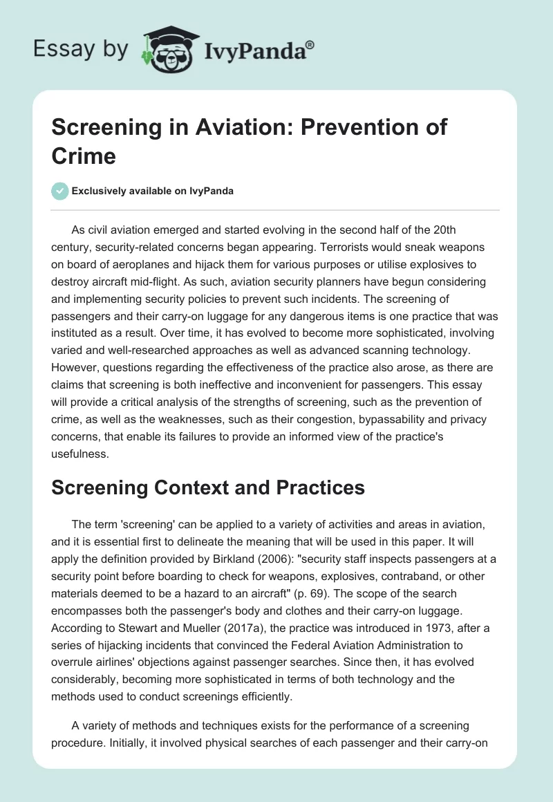 Screening in Aviation: Prevention of Crime. Page 1