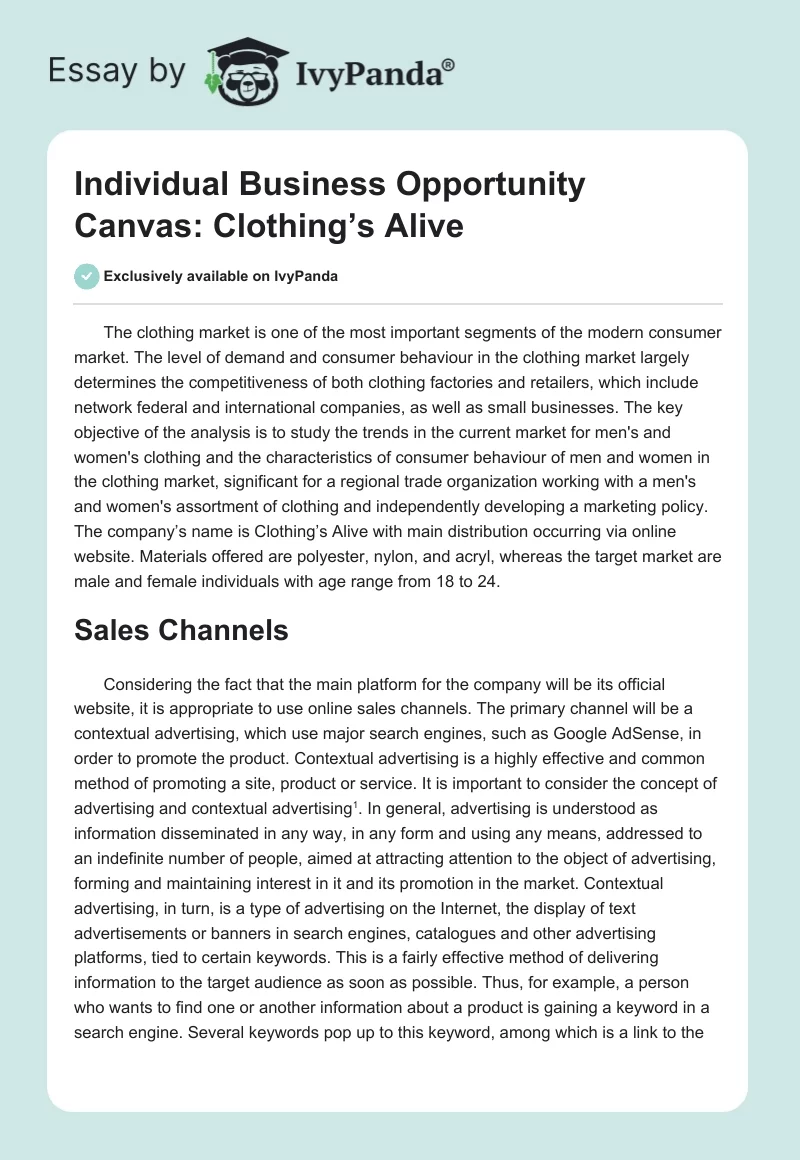 Individual Business Opportunity Canvas: Clothing’s Alive. Page 1
