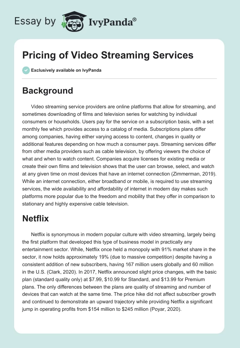 Pricing of Video Streaming Services. Page 1