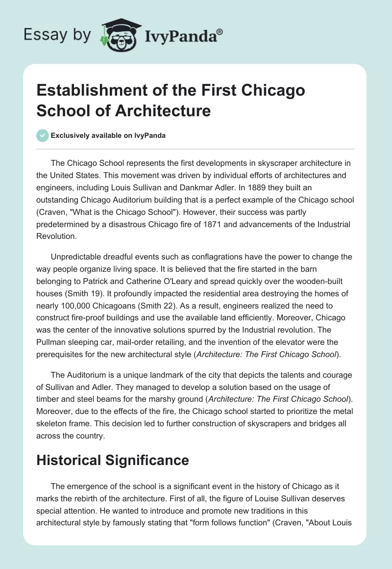 Establishment of the First Chicago School of Architecture. Page 1