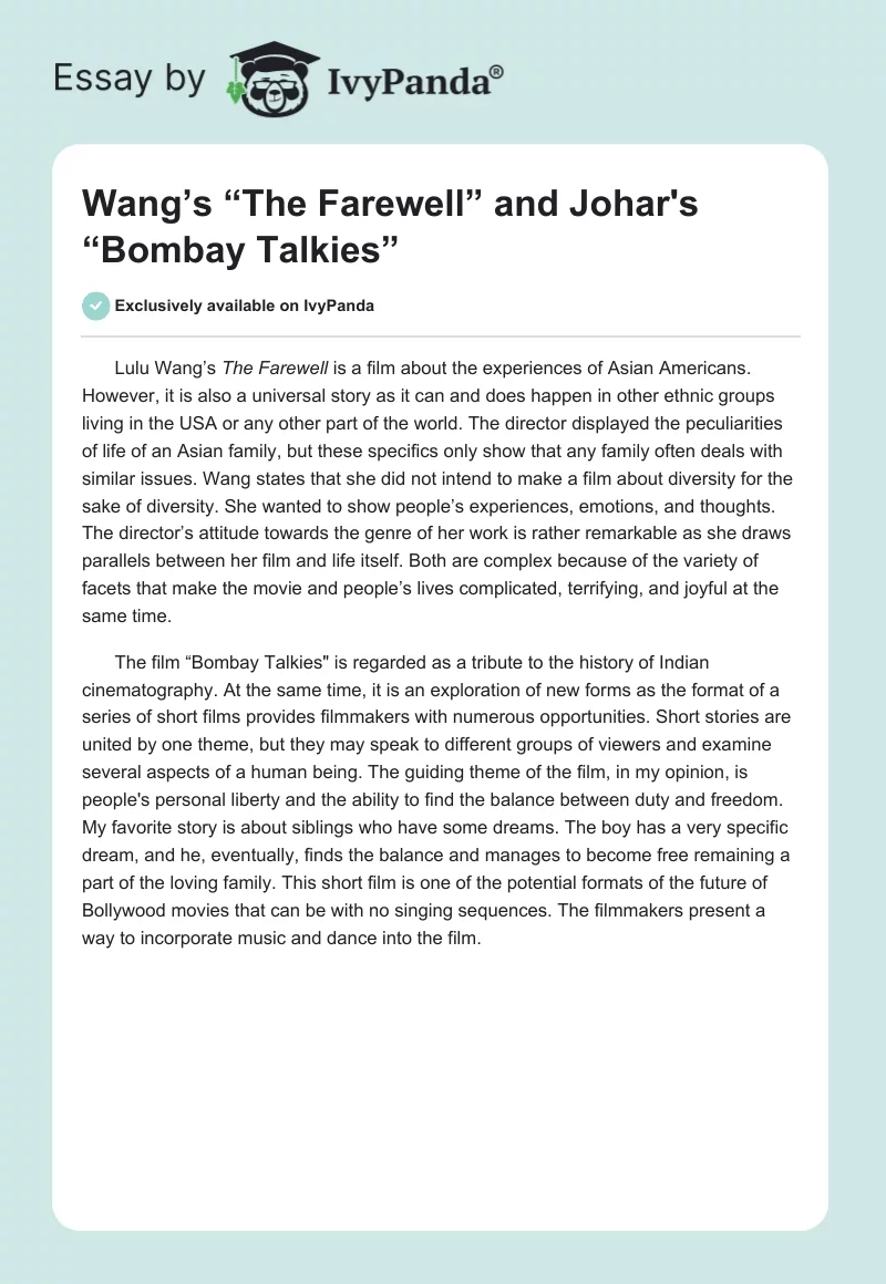 Wang’s “The Farewell” and Johar's “Bombay Talkies”. Page 1
