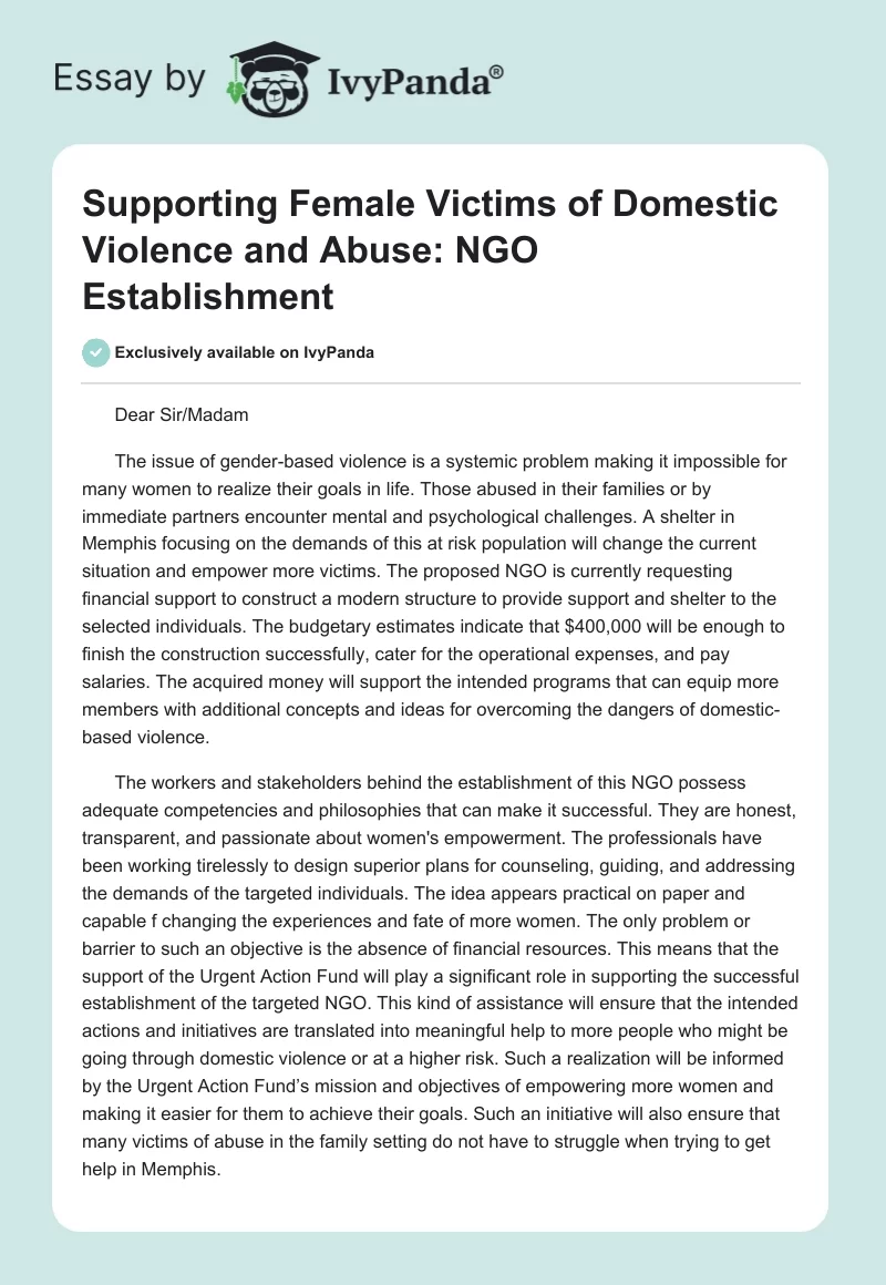 Supporting Female Victims of Domestic Violence and Abuse: NGO Establishment. Page 1