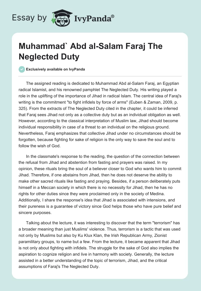 Muhammad` Abd al-Salam Faraj "The Neglected Duty". Page 1