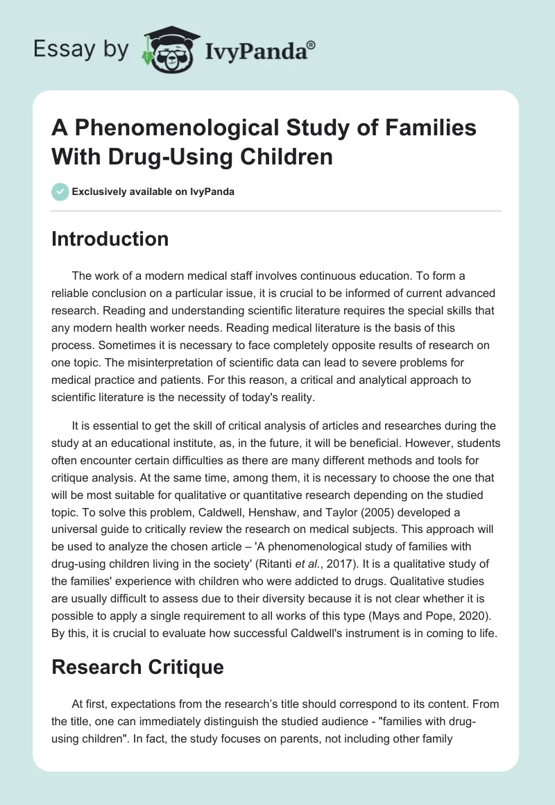 A Phenomenological Study of Families With Drug-Using Children. Page 1