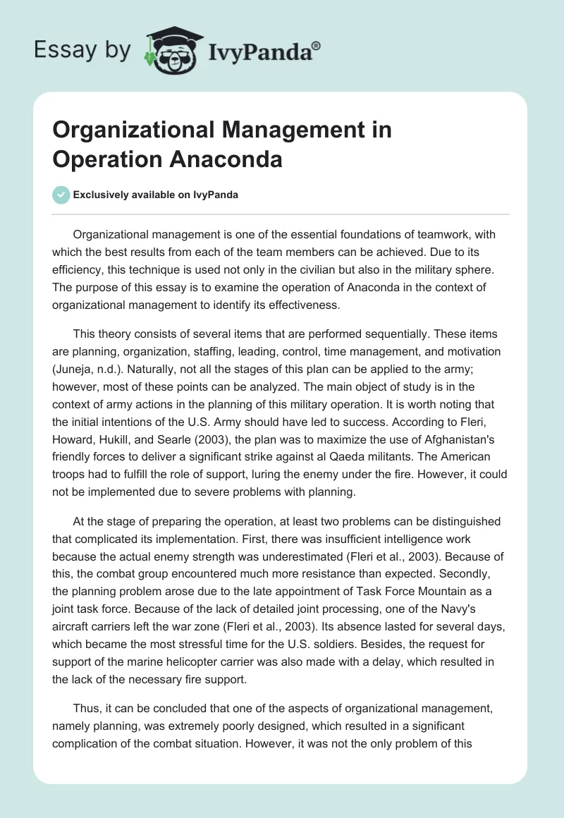 Organizational Management in Operation Anaconda. Page 1