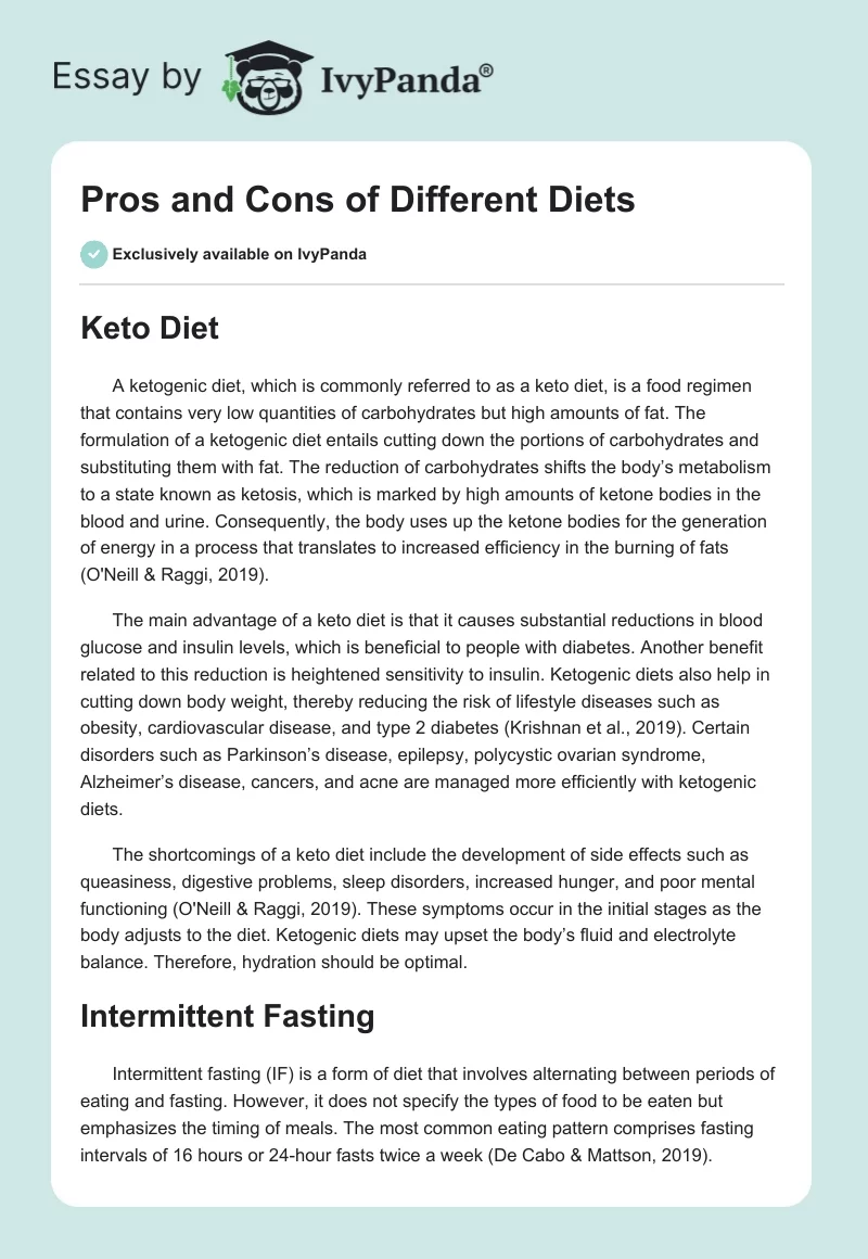 Pros and Cons of Different Diets. Page 1
