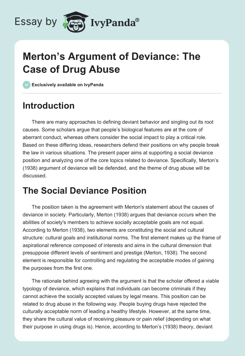 Merton’s Argument of Deviance: The Case of Drug Abuse. Page 1