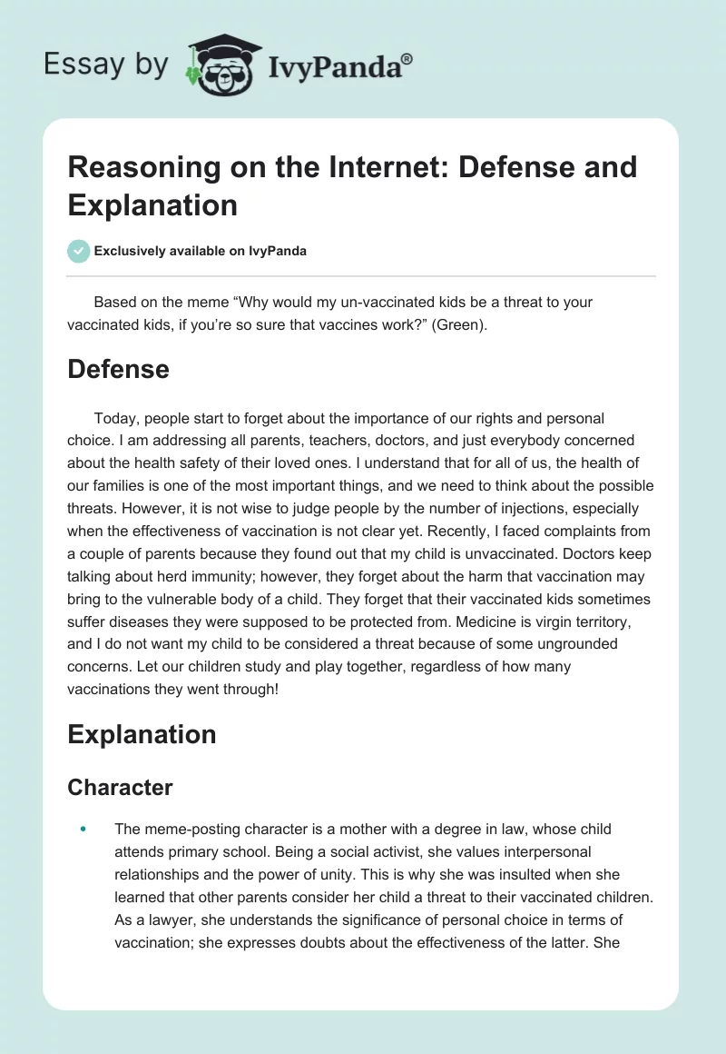 Reasoning on the Internet: Defense and Explanation. Page 1