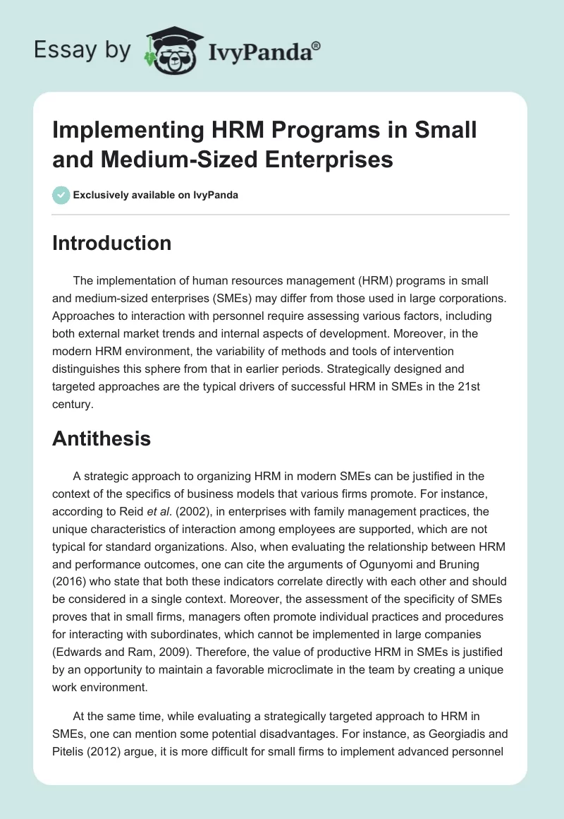 Implementing HRM Programs in Small and Medium-Sized Enterprises. Page 1