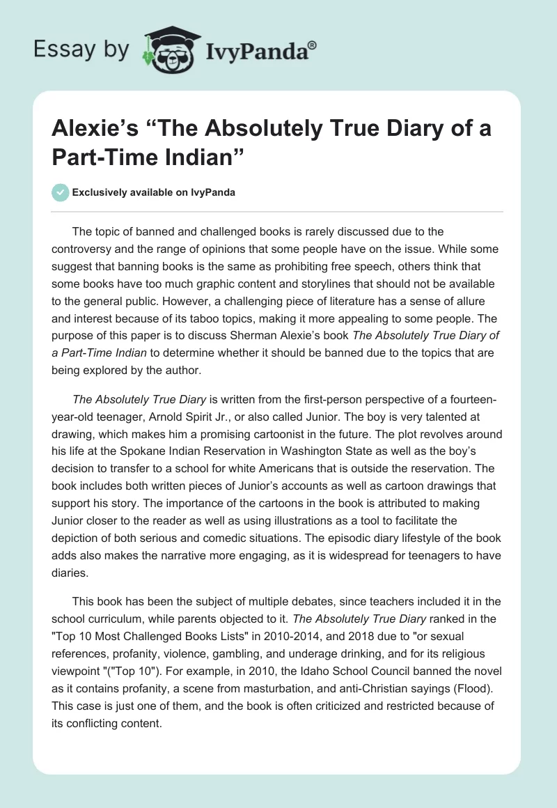 Alexie’s “The Absolutely True Diary of a Part-Time Indian”. Page 1