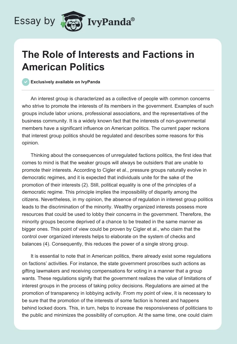 The Role of Interests and Factions in American Politics. Page 1