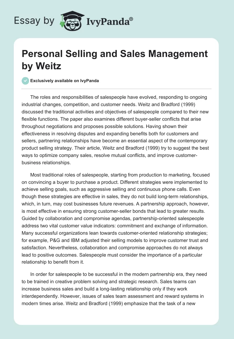 "Personal Selling and Sales Management" by Weitz. Page 1