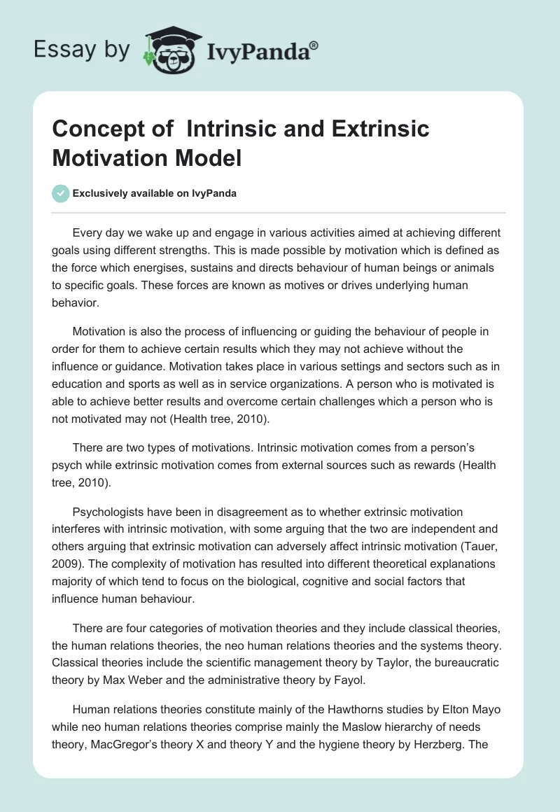 Concept of  Intrinsic and Extrinsic Motivation Model. Page 1