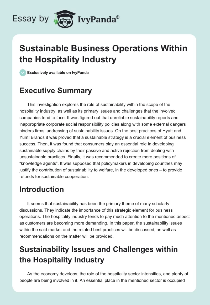 Sustainable Business Operations Within the Hospitality Industry. Page 1