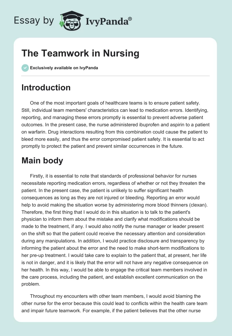 The Teamwork in Nursing. Page 1