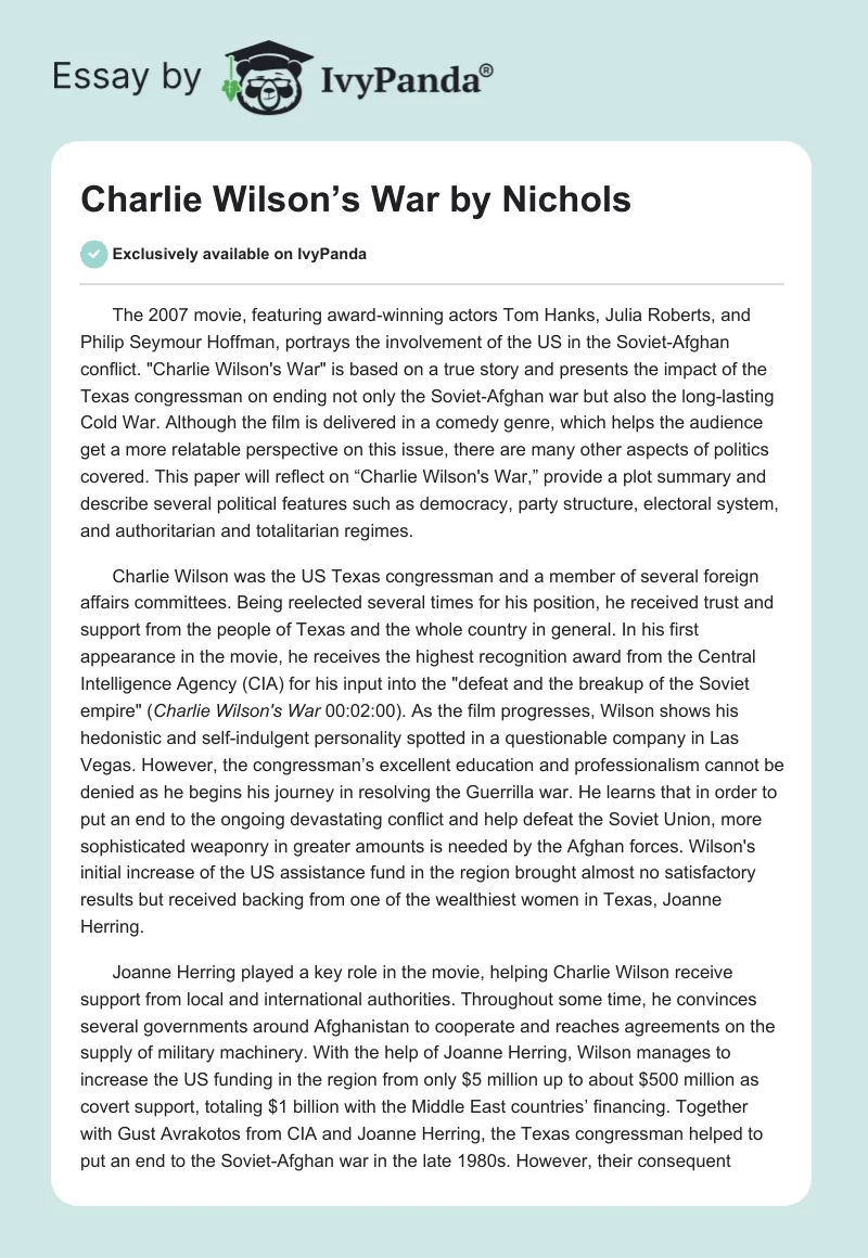 "Charlie Wilson’s War" by Nichols. Page 1