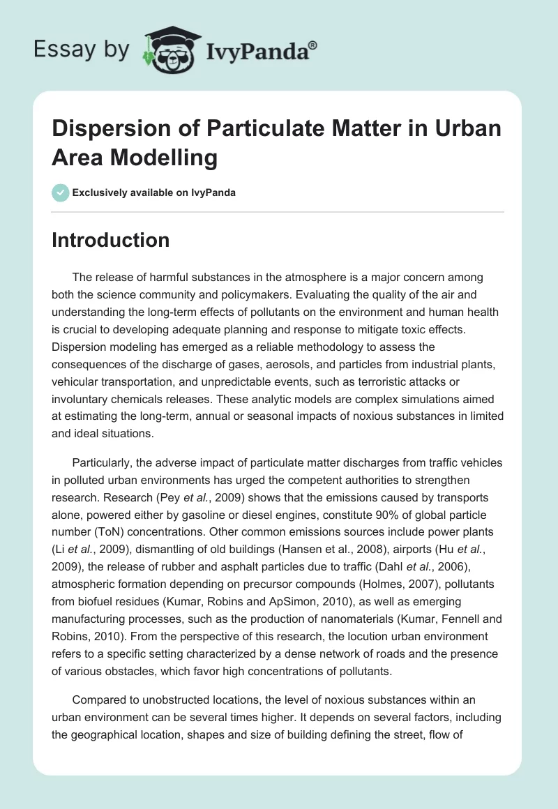 Dispersion of Particulate Matter in Urban Area Modelling. Page 1