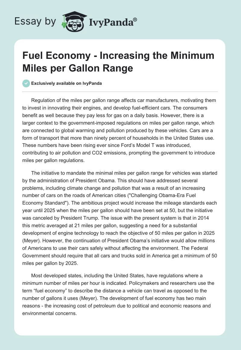 Fuel Economy - Increasing the Minimum Miles per Gallon Range. Page 1