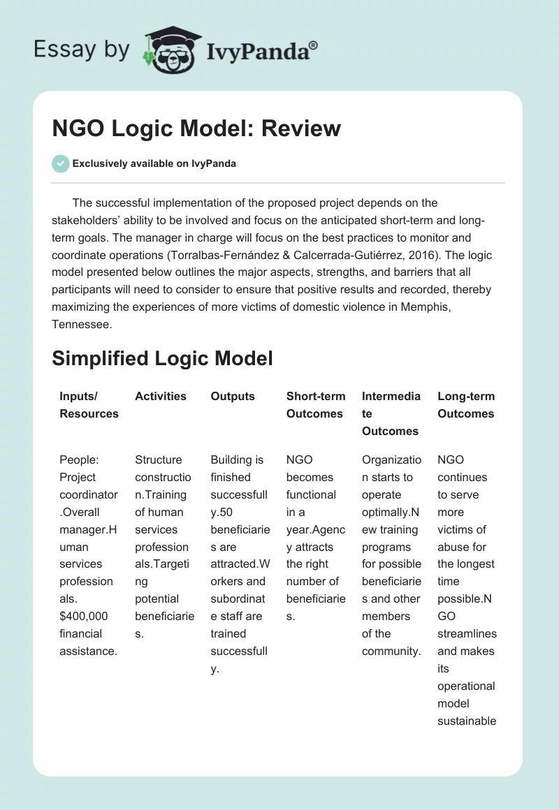 NGO Logic Model: Review. Page 1