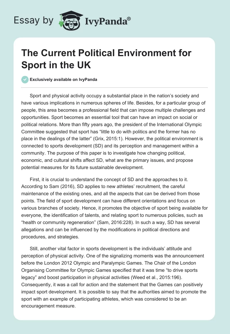 The Current Political Environment for Sport in the UK. Page 1