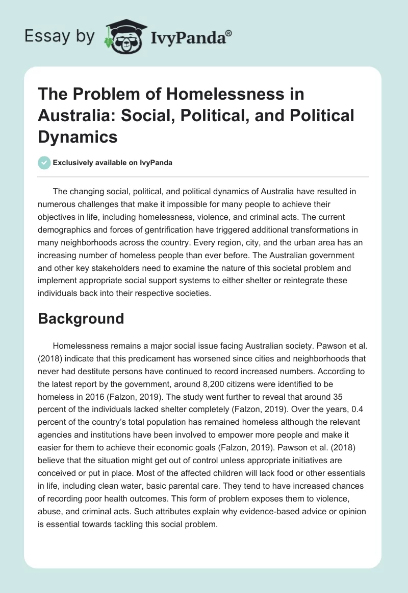 The Problem of Homelessness in Australia: Social, Political, and Political Dynamics. Page 1