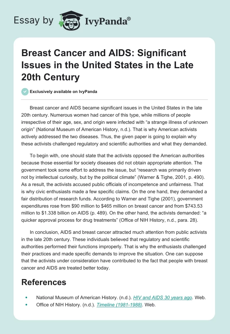 Breast Cancer and AIDS: Significant Issues in the United States in the Late 20th Century. Page 1